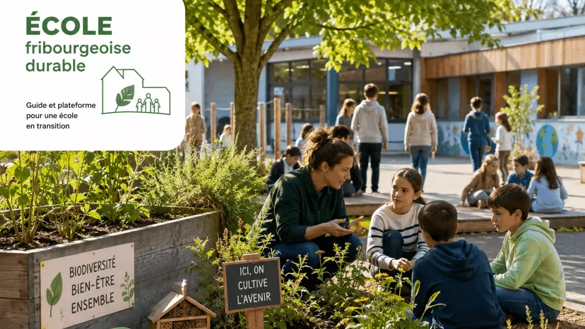 Cours d'école verte avec des élèves et une enseignante