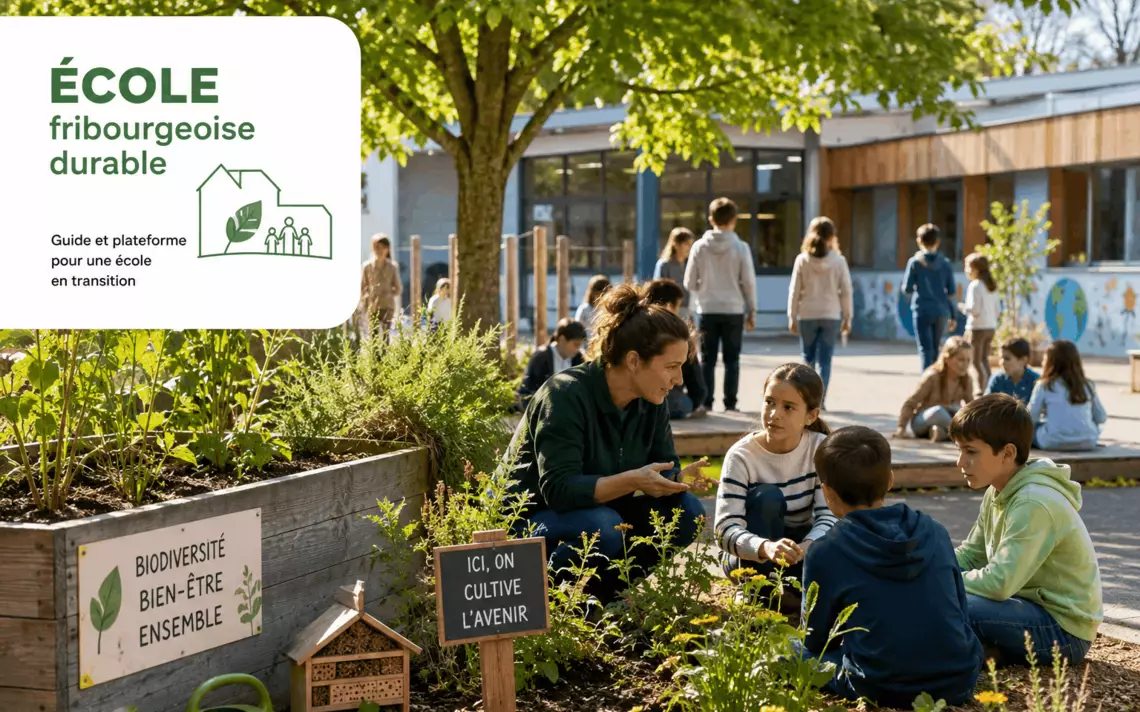 Cours d'école verte avec des élèves et une enseignante